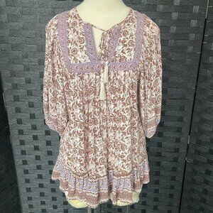 Rachel Zoe Tunic Blouse Small Boho‎ Floral Print Tassel Tie Neck
